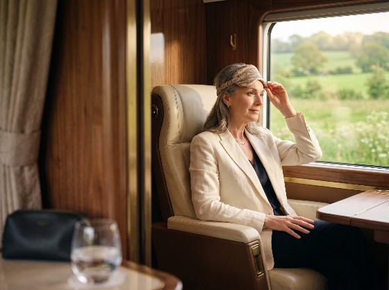 elegant, mature, woman, traveling, luxury, train, carriage, lifting, her, sleep, mask, look, out, the, window, countryside, travel, first, class, business, relaxation, seat, sophisticated, passenger, journey, vacation, lifestyle, transportation, interior, comfort, executive, commuter, tourism, scenic, landscape, railway, places