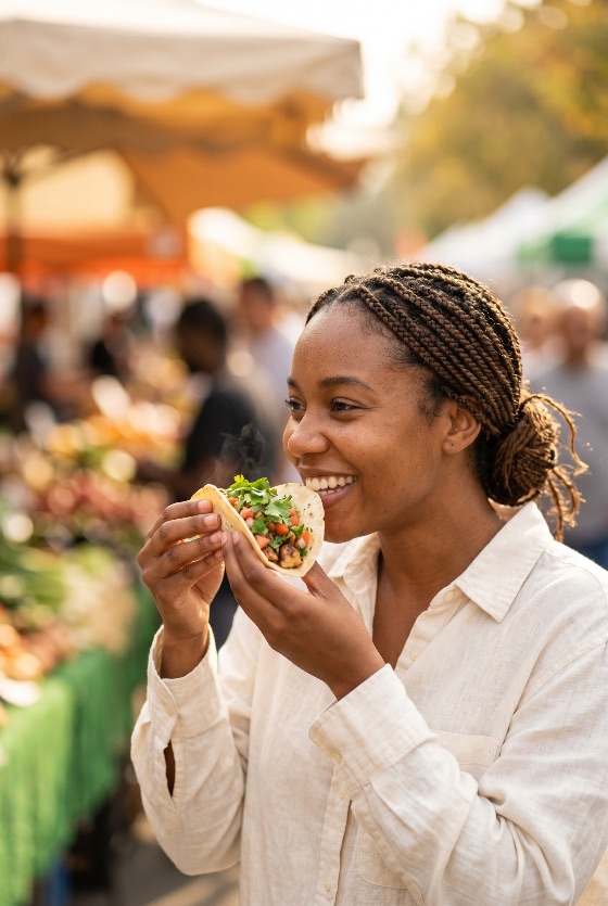 happy, young, black, woman, enjoying, fresh, taco, outdoor, street, food, market, eating, smiling, mexican, lifestyle, lunch, snack, braids, happiness, festival, summer, casual, healthy, urban, people