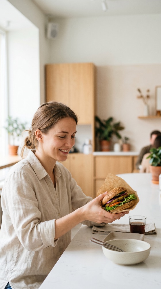 happy, young, woman, holding, delicious, vegan, burger, modern, bright, cafe, smiling, lifestyle, food, lunch, restaurant, vegetarian, healthy, meal, hamburger, female, kitchen, minimalist, interior, fresh, plant-based, veggie, casual, portrait, indoor, counter, nutrition, wellness, people