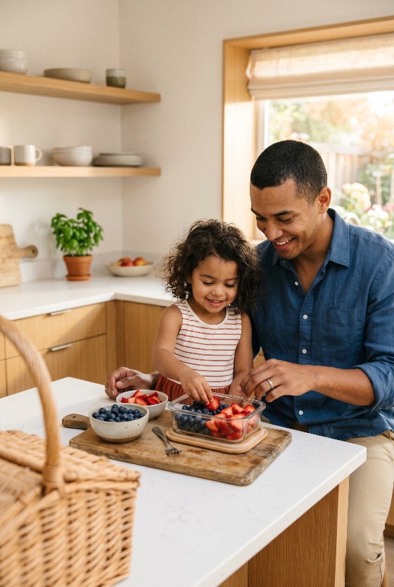 happy, father, and, young, daughter, preparing, healthy, fruit, snacks, modern, kitchen, family, strawberries, blueberries, snack, bonding, home, lifestyle, child, parent, smiling, together, food, fresh, berries, container, domestic, childhood, parenting, nutrition, wellness, interior, meal, prep, relationship, people