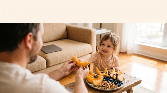 happy, little, girl, sharing, slice, melon, with, her, father, home, daughter, child, family, snack, fruit, healthy, cantaloupe, blueberries, walnuts, living, room, bonding, childhood, parenting, lifestyle, nutrition, eating, together, indoor, toddler, man, dad, parent, food, fresh, organic, wellness, vitamins, morning, afternoon, cozy, relationship, love, care, domestic, people
