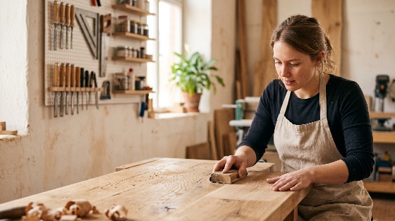 professional, female, woodworker, sanding, large, wooden, tabletop, bright, workshop, with, tools, the, background, carpenter, woodworking, woman, artisan, craft, handmade, furniture, carpentry, manual, labor, small, business, entrepreneur, diy, wood, craftswoman, apron, block, hobby, creative, skill, interior, natural, light, focus, detail, craftsmanship, maker, working, industry, manufacturing, joiner, cabinetry, studio, person, adult, caucasian, one, occupation, job, finance