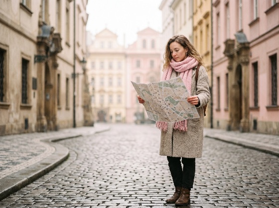 young, woman, tourist, looking, paper, map, cobblestone, street, old, european, city, travel, europe, exploration, vacation, traveler, navigation, tourism, historic, architecture, town, coat, scarf, winter, autumn, spring, adventure, walking, searching, lost, direction, discovery, urban, lifestyle, outdoor, holiday, prague, czech, republic, sightseeing, leisure, trip, journey, solo, beautiful, casual, clothing, fashion, people, one, person, full, length, places