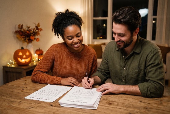 happy, multi-ethnic, couple, signing, home, purchase, contract, and, mortgage, agreement, during, halloween, season, real, estate, buying, diverse, interracial, man, woman, document, paperwork, pumpkin, autumn, fall, investment, ownership, new, success, lifestyle, relationship, together, legal, loan, property, cozy, interior, night, evening, financial, planning, jack-o-lantern, decoration, african, american, caucasian, people