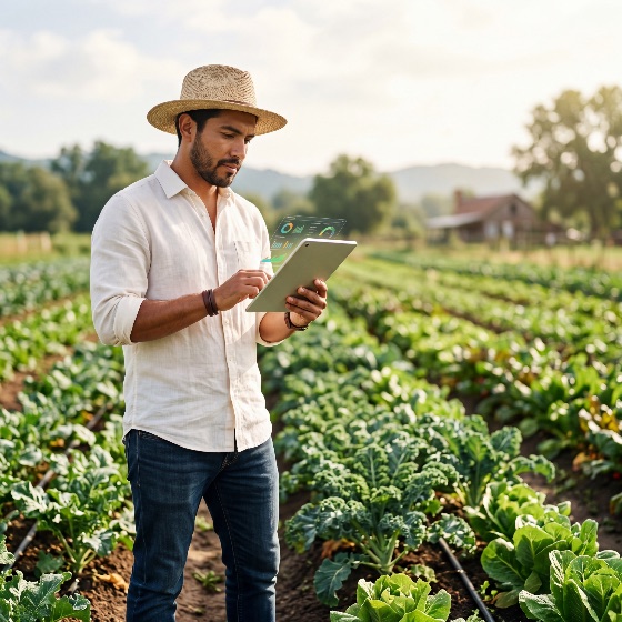 modern, farmer, using, digital, tablet, with, holographic, data, vegetable, field, for, smart, agriculture, technology, farming, hologram, crops, farm, innovation, agritech, monitoring, analytics, rural, nature, sustainability, precision, future, man, outdoor, plantation, growth, management, professional, internet, things, iot, agribusiness, harvest, organic