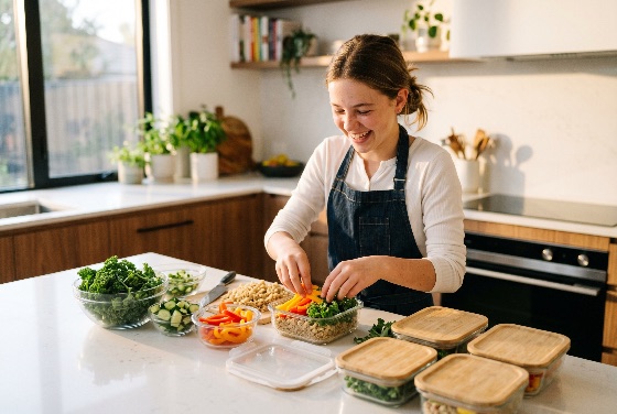 happy, teenage, girl, denim, apron, preparing, healthy, lunch, boxes, with, fresh, vegetables, and, quinoa, modern, kitchen, meal, prep, eating, woman, cooking, nutrition, lifestyle, kale, bell, peppers, cucumber, glass, containers, bamboo, lids, smiling, teenager, home, box, planning, diet, wellness, organic, vegan, vegetarian, food, preparation, bright, natural, light, organized, sustainable, eco-friendly, wholesome, domestic, life, health, conscious, balanced, zero, waste, plastic, free, jar, salad, superfood, culinary, foodie, drink