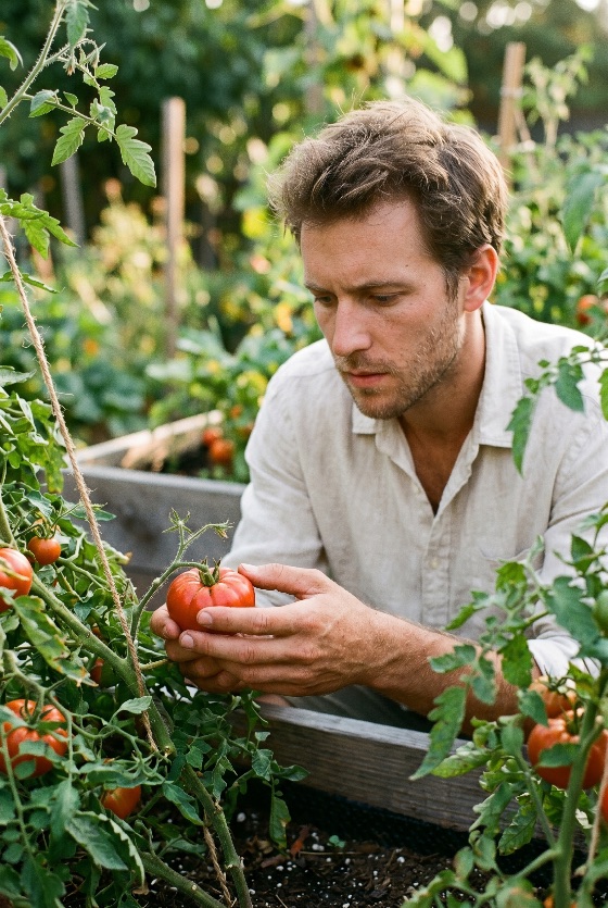 focused, man, inspecting, ripe, tomato, the, vine, lush, backyard, vegetable, garden, sunset, harvesting, organic, farming, agriculture, gardener, nature, healthy, food, summer, sustainability, outdoor, lifestyle, picking, fresh, plant, growth, homegrown, farm, produce, nutrition, hobby, green, red, linen, male, adult, caucasian, rural, gardening, cultivation, harvest, sustainable, living, eco-friendly, local, table, golden, hour, sunlight, autumn, spring, working, landscapes
