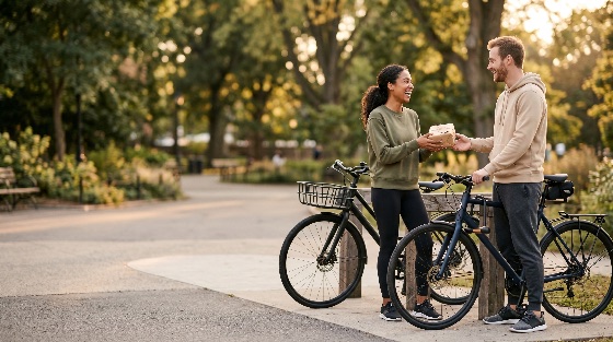 happy, interracial, couple, exchanging, gift, sunny, park, while, cycling, together, bicycle, romance, surprise, outdoor, sunset, lifestyle, love, relationship, man, woman, laughing, smiling, present, nature, golden, hour, diverse, activity, healthy, leisure, togetherness, bike, transport, casual, summer, autumn, friendship, active, urban, greenery, happiness, joy, celebration, anniversary, birthday, people