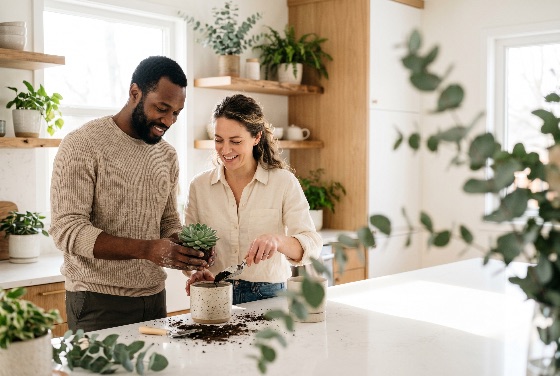 happy, multiethnic, couple, repotting, succulent, plant, together, bright, modern, kitchen, gardening, plants, indoor, lifestyle, home, diverse, man, woman, hobby, domestic, interior, green, urban, jungle, relationship, potting, soil, leisure, togetherness, interracial, houseplant, decor, eco-friendly, sustainability, wellness, activity, apartment, nature, planting, smiling, love, people