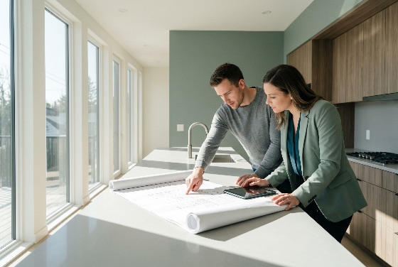 professional, architect, and, client, reviewing, blueprints, for, home, renovation, modern, kitchen, blueprint, planning, couple, interior, design, construction, house, real, estate, project, lifestyle, discussion, meeting, investment, building, floor, plan, teamwork, dream, remodeling, architecture, residential, property, luxury, bright, daylight, island, tablet, consultation, new, engineer, contractor, working, collaboration, homeowner, development, indoor, daytime, contemporary, minimalist, cabinetry, window, sunlight, interiors