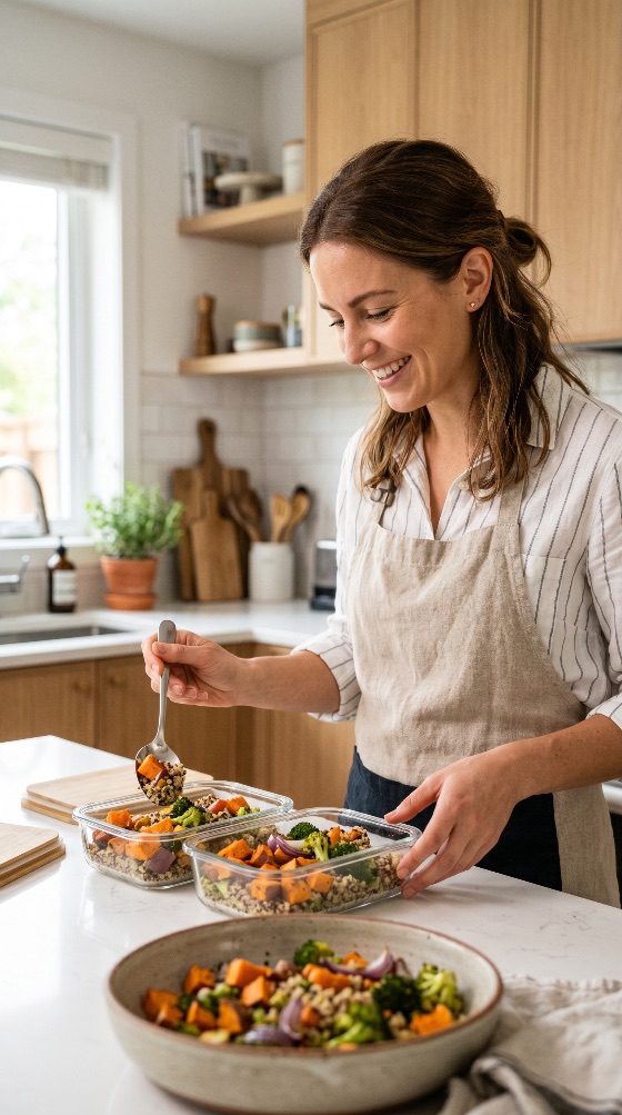 happy, woman, preparing, healthy, meal, prep, bowls, with, sweet, potato, and, broccoli, modern, kitchen, eating, nutrition, wellness, cooking, lifestyle, glass, containers, grains, vegetarian, vegan, planning, home, smiling, apron, organized, food, preparation, diet, fitness, lunch, dinner, domestic, life, fresh, vegetables, plant-based, wholesome, adult, female, person, indoor, day, bright, light, wooden, cabinets, countertop, drink