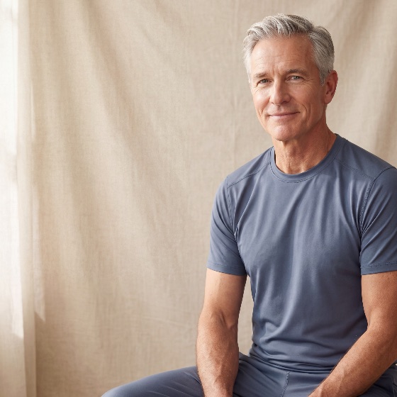 portrait, handsome, middle-aged, man, with, grey, hair, wearing, blue, athletic, wear, sitting, bright, room, neutral, fabric, background, looking, the, camera, friendly, smile, mature, senior, smiling, male, lifestyle, healthy, fitness, activewear, loungewear, casual, indoor, home, wellness, confidence, silver, person, adult, caucasian, shirt, relaxed, calm, positive, happiness, retirement, aging, skin, care, grooming, model, studio, backdrop, soft, lighting, natural, light, one, waist, peaceful, serene, attractive, vitality, well-being, people