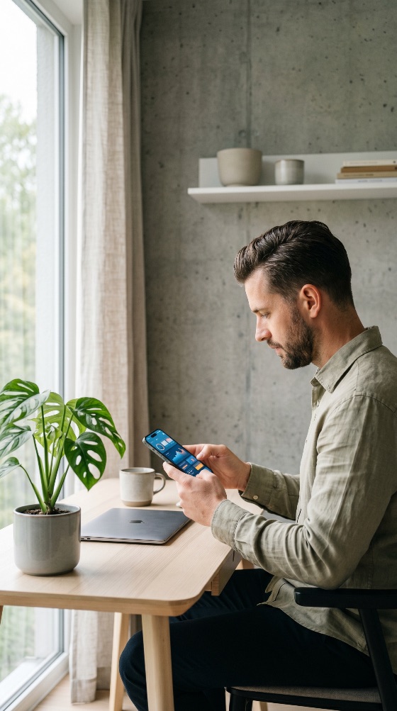 focused, man, using, smartphone, wooden, desk, modern, home, office, with, laptop, and, houseplant, working, from, technology, minimalist, monstera, plant, remote, work, professional, lifestyle, interior, focus, digital, communication, business, freelance, productivity, mobile, app, data, finance, checking, screen, casual, linen, shirt, apartment, window, natural, light, concrete, wall, workspace, male, adult, one, person, sitting, side, view, entrepreneur, connection