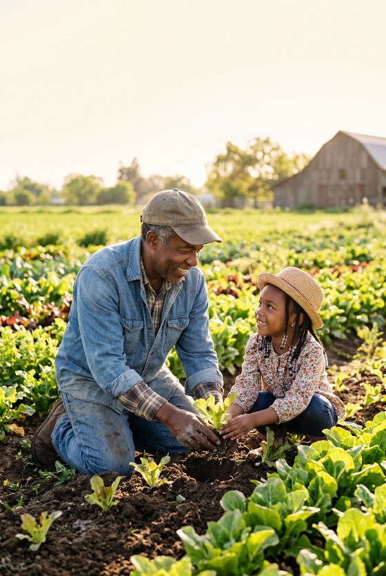 happy, african, american, grandfather, and, granddaughter, planting, seedling, farm, field, sunset, gardening, family, agriculture, senior, child, girl, man, nature, sustainability, organic, vegetables, soil, bonding, education, rural, lifestyle, golden, hour, growth, together, happiness, smiling, generation, barn, countryside, farming, crop, lettuce, green, healthy, environment, ecology, teamwork, hobby, retirement, childhood, black, people