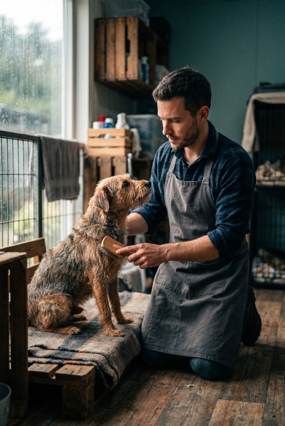 professional, male, groomer, brushing, scruffy, terrier, dog, rustic, pet, salon, grooming, care, man, apron, domestic, animal, canine, hygiene, fur, welfare, lifestyle, indoor, friendship, bonding, owner, tools, brush, lover, home, wellness, health, animals, wildlife