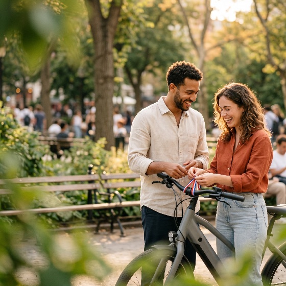 happy, young, couple, decorating, their, bicycle, with, ribbon, sunny, city, park, laughing, smiling, diverse, man, woman, lifestyle, urban, outdoors, summer, autumn, leisure, relationship, together, friendship, activity, cycling, bike, decoration, golden, hour, nature, trees, benches, casual, adults, love, joy, togetherness, green, recreation, healthy, living, eco-friendly, transportation, travel, adventure, date, romantic, fun, positive, people