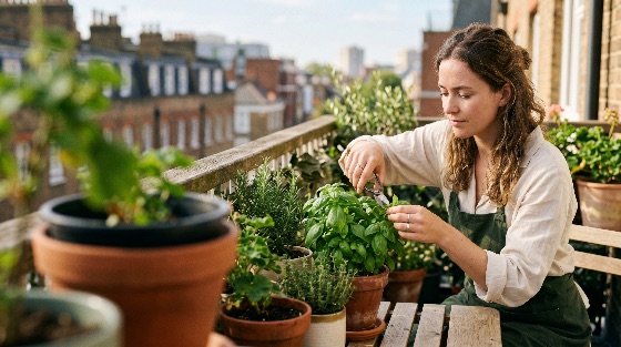 young, woman, pruning, fresh, basil, plants, her, urban, balcony, garden, gardening, herbs, harvesting, apartment, city, life, sustainable, living, hobby, terracotta, pots, nature, green, lifestyle, home, outdoor, shears, rosemary, thyme, organic, healthy, wellness, focus, caring, cultivation, small, space, oasis, view, leisure, activity, female, adult, apron, landscapes