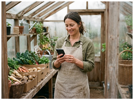 smiling, female, gardener, using, smartphone, rustic, greenhouse, with, fresh, harvested, vegetables, woman, organic, farming, agriculture, harvest, technology, apron, gardening, local, food, sustainable, rural, lifestyle, small, business, farmer, potting, shed, produce, healthy, nature, plants, working, mobile, phone, communication, internet, digital, modern, wooden, autumn, spring, hobby, professional, entrepreneur, production, eco-friendly, country, life