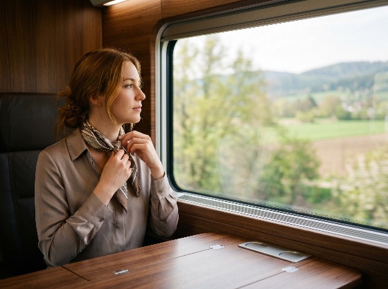 sophisticated, young, woman, adjusting, her, silk, scarf, while, traveling, modern, train, and, looking, out, the, window, travel, passenger, elegant, business, commute, luxury, transportation, railway, landscape, countryside, view, thoughtful, contemplative, fashion, style, professional, journey, interior, first, class, transit, vacation, tourism, lifestyle, caucasian, reddish-brown, hair, bun, blouse, beige, away, daydreaming, peaceful, calm, places
