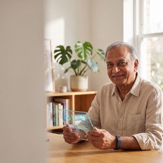 smiling, senior, indian, man, sits, desk, bright, home, office, holding, futuristic, transparent, glass, tablet, displaying, real-time, health, data, and, medical, statistics, for, digital, wellness, technology, healthcare, monitoring, elderly, lifestyle, south, asian, telemedicine, telehealth, smartwatch, fitness, tracker, happy, aging, screen, interface, heart, rate, modern, innovation, patient, remote, care, geriatric, well-being, indoor, natural, light, monstera, plant, bookshelf, wooden, casual, longevity, prevention, smart, future, connectivity, e-health, diagnostic, artificial, intelligence