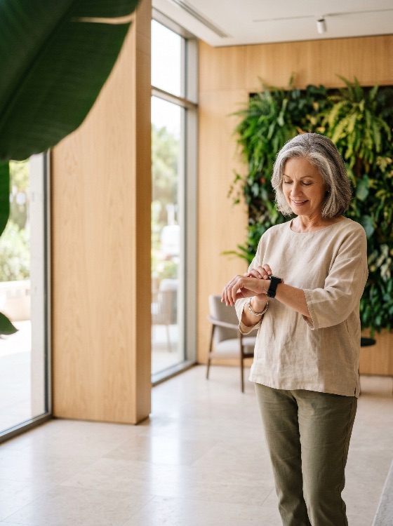 elegant, mature, woman, with, grey, hair, checking, her, smartwatch, bright, modern, office, interior, vertical, garden, senior, technology, green, wall, wearable, tech, lifestyle, health, tracking, wellness, professional, lobby, business, digital, smart, device, time, sustainable, design, indoor, active, connectivity, communication, electronics, casual, aging, retirement, productivity, finance