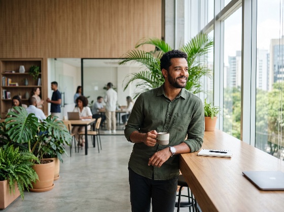 smiling, professional, man, holding, coffee, cup, and, looking, out, the, window, bright, modern, open-plan, office, business, businessman, workplace, success, break, employee, career, happy, coworking, plants, corporate, entrepreneur, lifestyle, male, city, view, startup, leadership, diversity, interior, light, productivity, wellness, biophilic, urban, people, working, collaboration, casual, executive, morning, inspiration, vision, growth, black, finance