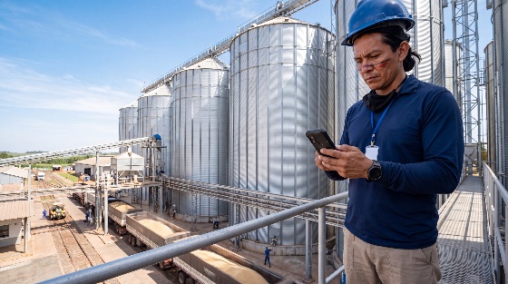 indigenous, worker, hard, hat, using, smartphone, large, grain, silo, facility, agriculture, industry, technology, safety, logistics, storage, professional, man, industrial, farm, harvest, truck, transport, modern, traditional, identity, blue, collar, infrastructure, metal, elevator, rural, economy, production, management, communication, outdoor, daylight, agribusiness, food, supply, distribution, construction