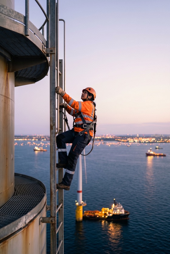 female, engineer, safety, gear, climbing, ladder, offshore, wind, turbine, during, sunset, with, ships, the, background, renewable, energy, harness, industrial, maintenance, technician, green, sustainability, ocean, worker, helmet, high, visibility, sea, power, electricity, engineering, inspection, professional, work, height, maritime, dusk, environment, technology, alternative, clean, construction