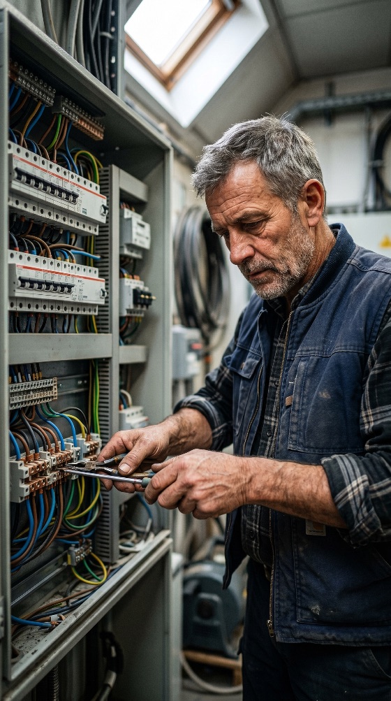 professional, senior, electrician, working, complex, electrical, control, panel, with, circuit, breakers, and, colorful, wiring, repair, maintenance, worker, man, breaker, fuse, box, electricity, tools, screwdriver, industrial, technician, engineering, installation, power, energy, service, construction, workshop, blue-collar, expertise, safety, connection, voltage, cable, wire, male, adult, occupation, job, industry, equipment, technology, utility, home, improvement, renovation, expert, skilled, labor, manual, focus, concentration