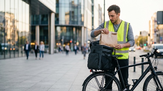professional, bicycle, delivery, courier, high-visibility, vest, taking, food, order, out, thermal, bag, modern, city, street, urban, man, worker, service, transport, bike, takeaway, shipping, logistics, safety, outdoor, lifestyle, business, fast, eco-friendly, transportation, messenger, deliveryman, paper, lunch, life, sidewalk, job, occupation, employee, commute, sustainable, vehicles