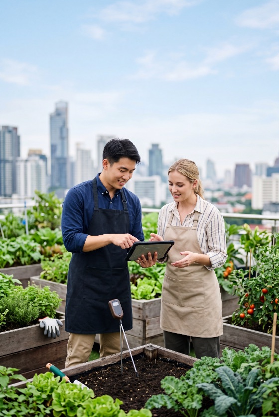 two, diverse, gardeners, using, digital, tablet, monitor, plant, growth, urban, rooftop, garden, with, city, skyline, background, farming, sustainability, agriculture, technology, organic, vegetables, gardening, collaboration, teamwork, environment, green, smart, monitoring, plants, planter, boxes, man, woman, outdoors, lifestyle, eco-friendly, modern, nature, life, sustainable, living, data, analysis, hobby, community, healthy, food, production, local, skyscraper, summer, daytime, professional, landscapes