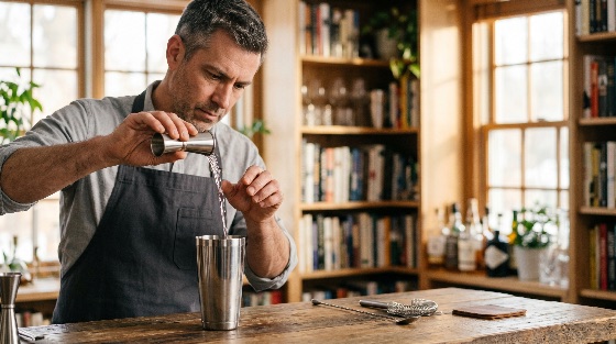 professional, bartender, mixologist, pouring, liquid, from, jigger, into, shaker, home, bar, with, bookshelves, the, background, cocktail, mixology, drink, alcohol, preparation, apron, man, middle-aged, lifestyle, hobby, craft, artisanal, hospitality, beverage, wooden, counter, library, interior, cozy, warm, lighting, focus, skill, tools, strainer, spoon, glass, bottle, leisure, sophisticated, elegant, indoor, day, natural, light, food