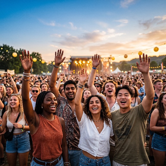 happy, diverse, group, friends, cheering, with, hands, raised, vibrant, multi-ethnic, young, adults, the, air, outdoor, music, festival, scene, captures, large, crowd, lit, stage, and, golden, sunset, sky, decorative, lanterns, concert, summer, party, celebration, youth, happiness, joy, lifestyle, event, performance, live, energy, people, togetherness, fun, excitement, entertainment, leisure, travel, tourism, vacation, evening, lights, atmosphere, dancing, singing, fans, audience, men, women, friendship, community, culture, enjoyment, social