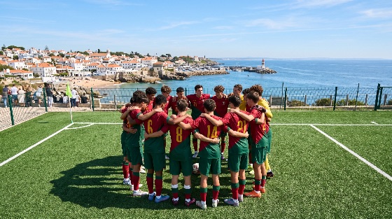 youth, soccer, team, huddle, scenic, coastal, field, overlooking, the, ocean, football, players, sports, pitch, sea, portugal, landscape, unity, teamwork, athletes, boys, teenagers, uniform, red, green, summer, sunny, outdoors, lighthouse, village, town, beach, travel, competition, training, match, game, group, circle, friendship, sportsmanship, artificial, turf, blue, sky, coast, nature, landscapes