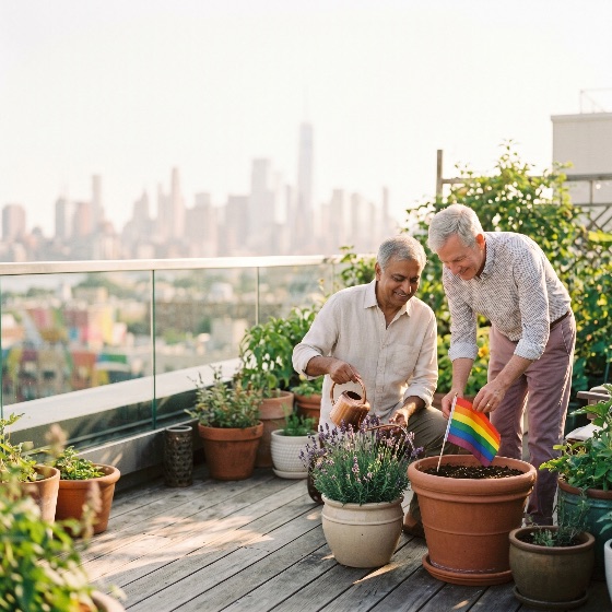 senior, gay, couple, gardening, rooftop, terrace, with, city, skyline, background, lgbtq, pride, flag, garden, urban, retirement, lifestyle, happiness, togetherness, plants, lavender, watering, can, balcony, man, male, diverse, inclusive, hobby, outdoors, summer, sunny, terracotta, pots, home, apartment, life, relationship, love, equality, rainbow, living, citizens, people