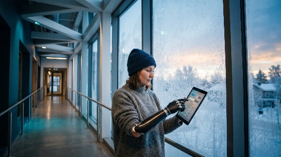 woman, with, advanced, bionic, prosthetic, arm, using, digital, tablet, modern, building, snowy, winter, view, outside, technology, disability, accessibility, robotic, future, innovation, amputee, healthcare, artificial, limb, high-tech, carbon, fiber, medical, inclusive, lifestyle, snow, window, empowerment, independence, human, enhancement, cybernetic, smart, home, automation, interface, app, engineering, science, connectivity, mobility, device, gadget, indoors, hallway, architecture, frost, twilight, evening, research