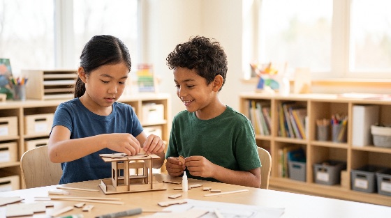 two, diverse, elementary, students, asian, girl, and, mixed-race, boy, work, together, table, assemble, wooden, model, house, they, use, glue, small, parts, bright, classroom, filled, with, educational, materials, bookshelves, children, education, stem, school, teamwork, building, architecture, learning, craft, project, student, collaboration, creativity, hands-on, diy, hobby, focus, concentration, childhood, teacher, montessori, preschool, engineering, design, maker, workshop, indoor, daylight, friendship, skill, development, toy, assembly, construction, miniature, kit, ethnic