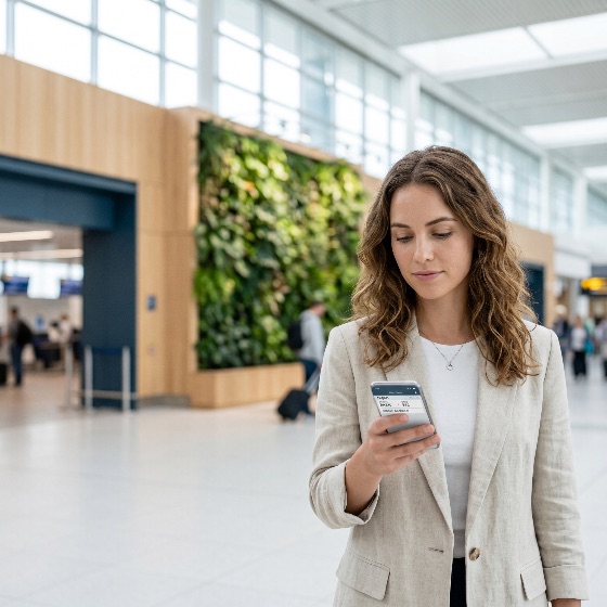 young, professional, woman, checking, her, flight, status, smartphone, modern, airport, terminal, with, vertical, garden, travel, business, boarding, pass, technology, mobile, passenger, departure, arrival, blazer, indoor, green, wall, communication, connectivity, waiting, transportation, tourism, vacation, lifestyle, digital, online, app, internet, wireless, traveler, journey, trip, hall, bright, airy, blurred, background, caucasian, female, person, people, one