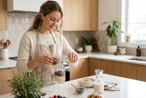 smiling, young, woman, pouring, milk, into, glass, jar, make, healthy, overnight, oats, with, berries, and, chia, seeds, modern, kitchen, breakfast, preparing, cooking, lifestyle, wellness, nutrition, vegan, vegetarian, morning, home, apron, mason, organic, meal, prep, food, adult, domestic, interior, light, bright, wooden, cabinets, countertop, ingredients, superfood, eating, diet, fitness, wholesome, plant-based, dairy-free, almond, granola, people