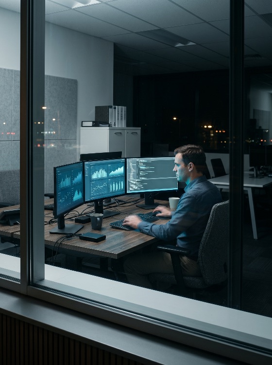 focused, male, professional, working, late, night, modern, office, analyzing, data, and, code, multiple, computer, monitors, overtime, developer, programmer, analyst, technology, monitor, multimonitor, business, software, coding, analytics, finance, cybersecurity, dark, career, workstation, corporate, man, screen, dashboard, chart, graph, information, workplace, window, reflection, productivity, deadline, hours, evening, indoor, desk, keyboard, typing, internet, digital, science, engineering, concentration