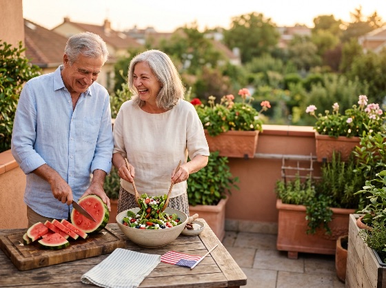 happy, senior, couple, preparing, healthy, summer, meal, with, watermelon, and, salad, outdoor, terrace, during, sunset, elderly, retirement, lifestyle, balcony, dining, happiness, laughing, cooking, together, golden, hour, active, aging, 4th, july, patriotic, american, flag, celebration, fresh, food, nutrition, gardening, plants, flowers, togetherness, love, relationship, leisure, eating, organic, man, woman, caucasian, gray, hair, smiling, joy, preparation, dinner, people