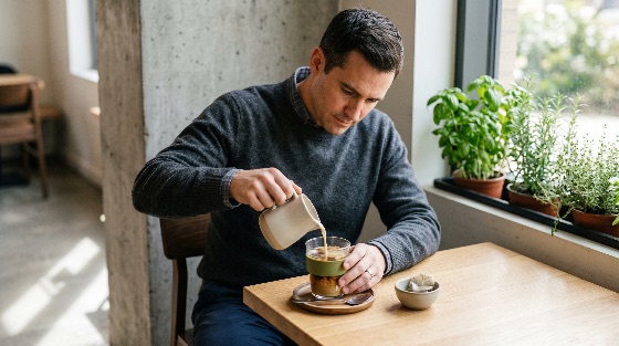 man, pouring, milk, into, coffee, modern, cafe, table, cream, pitcher, glass, lifestyle, adult, male, casual, sweater, indoor, window, herbs, basil, rosemary, plants, focused, calm, relaxing, interior, break, beverage, caffeine, latte, refreshment, person, middle-aged, caucasian, people