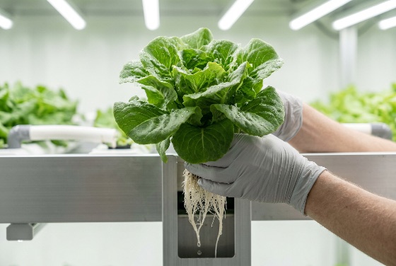worker, holding, fresh, hydroponic, lettuce, with, roots, modern, indoor, vertical, farm, hydroponics, agriculture, farming, sustainable, green, harvest, technology, organic, healthy, vegetable, plant, growth, clean, food, production, smart, urban, horticulture, salad, nutrition, eco-friendly, agritech, gloves, cultivation, system, greenhouse, sustainability, environment, water, dripping, leafy, greens, industrial, construction