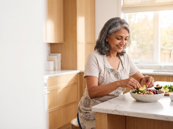 happy, mature, indian, woman, with, grey, hair, prepares, healthy, salad, avocado, and, quinoa, bright, modern, kitchen, smiling, while, focusing, her, nutritious, meal, preparation, home, senior, south, asian, cooking, wellness, lifestyle, nutrition, prep, middle, aged, apron, natural, light, eating, food, fresh, organic, vegetarian, vegan, bowl, domestic, indoor, health, wellbeing, active, retirement, hobby, culinary, ingredients, marble, countertop, wooden, cabinets, peaceful, morning, breakfast, lunch, people