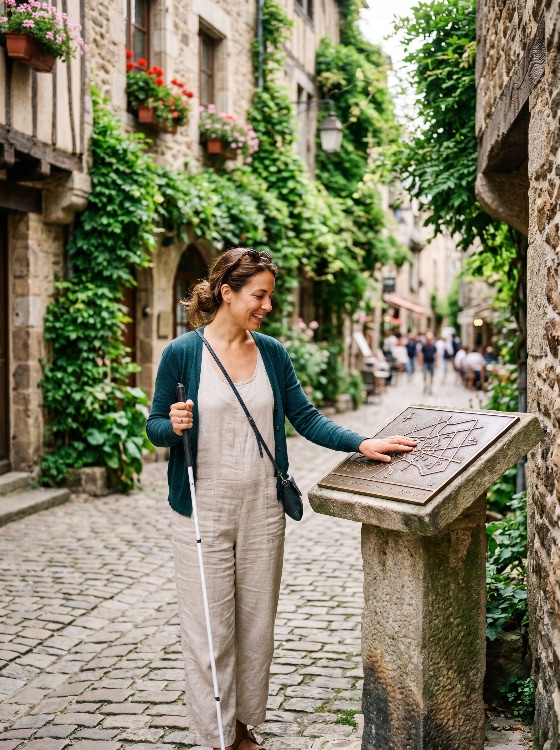 smiling, visually, impaired, woman, using, white, cane, and, reading, tactile, braille, map, stone, pedestal, picturesque, european, village, blind, accessibility, disability, travel, tourism, inclusion, independent, cobblestone, historic, navigation, orientation, handicap, empowerment, outdoor, vacation, sight, loss, inclusive, street, happy, lifestyle, diversity, accessible, city, bronze, plaque, ivy, flowers, old, town, france, europe, summer, daylight, exploration, places