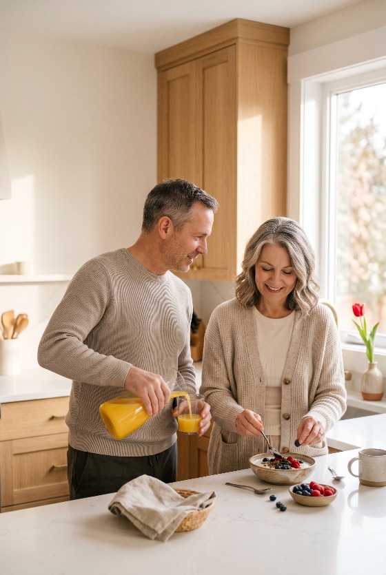 happy, mature, couple, preparing, healthy, breakfast, together, bright, modern, kitchen, senior, lifestyle, morning, orange, juice, pouring, yogurt, berries, fruit, home, happiness, relationship, wellness, nutrition, retirement, middle-aged, man, woman, husband, wife, domestic, interior, sunny, food, meal, fresh, eating, preparation, casual, cozy, love, smiling, caucasian, people, two, daily, life, wellbeing