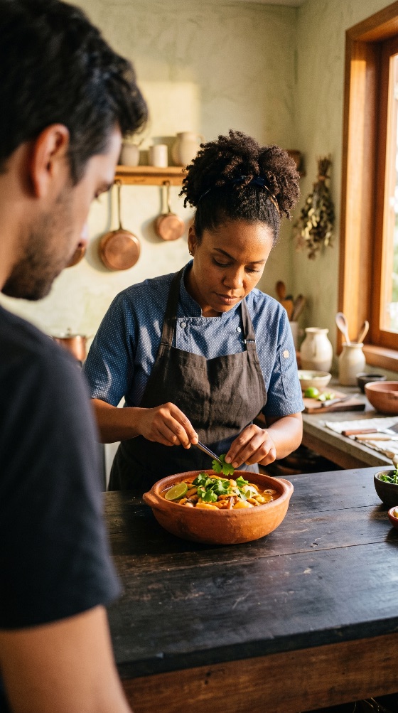focused, female, chef, garnishing, delicious, traditional, stew, with, professional, wearing, apron, carefully, places, fresh, cilantro, leaves, onto, vibrant, dish, served, clay, bowl, using, kitchen, tweezers, another, person, looks, from, the, foreground, scene, illuminated, warm, natural, sunlight, streaming, into, cozy, rustic, filled, cookware, and, cooking, utensils, food, presentation, culinary, plating, herbs, precision, gourmet, meal, preparation, restaurant, african, american, black, woman, arts, light, authentic, cuisine, lighting, home, styling, details, garnish, lime, soup, seafood, moqueca, curry, teamwork, assistant, observer, wood, table, work, focus, expertise, drink
