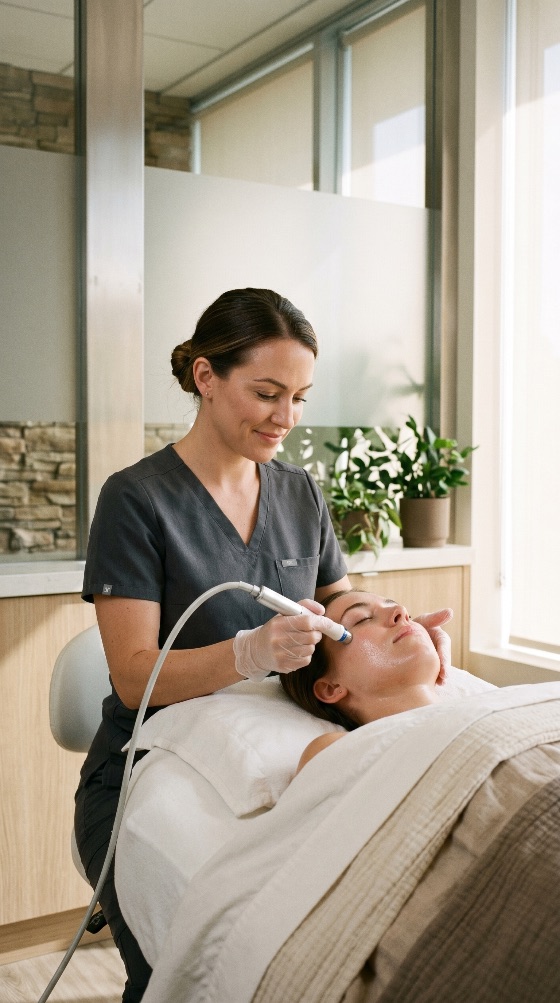 professional, aesthetician, performing, hydrafacial, treatment, young, woman, modern, wellness, spa, clinic, facial, skin, care, beauty, microdermabrasion, dermatology, relaxation, medical, cosmetic, healthy, rejuvenation, therapy, procedure, facialist, scrubs, gloves, bright, lifestyle, pampering, anti-aging, clear, self-care, health, patient, salon, equipment, technology, indoor, daytime, people, two, caucasian, healthcare