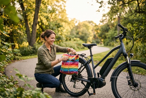 smiling, woman, attaching, rainbow-striped, bag, her, electric, bicycle, paved, park, path, during, sunny, afternoon, bike, e-bike, rainbow, cycling, lifestyle, outdoors, nature, trail, summer, golden, hour, leisure, transportation, eco-friendly, sustainable, green, active, happy, middle-aged, female, person, casual, pannier, rack, pride, lgbtq, colors, striped, fixing, preparing, travel, commute, people