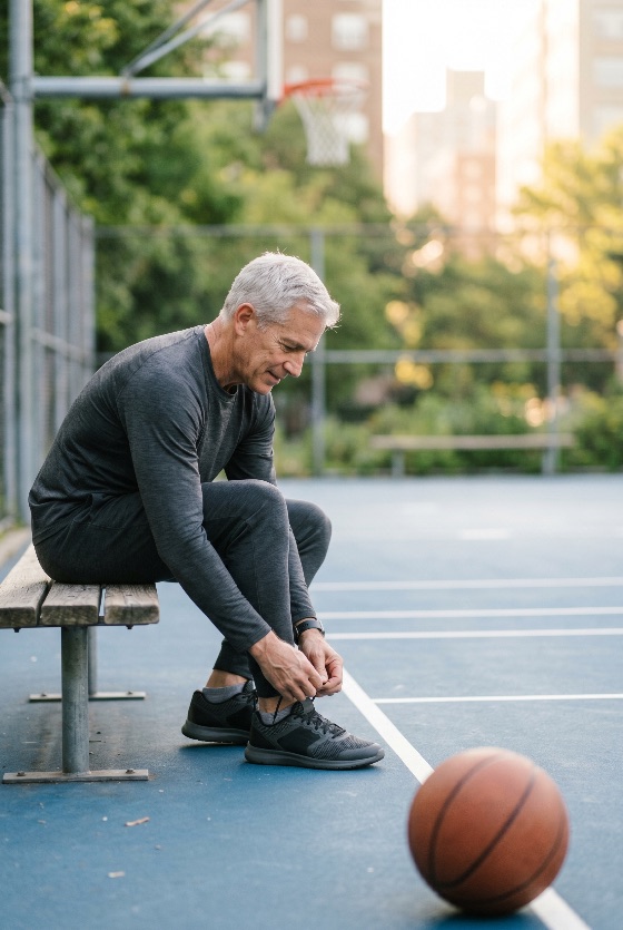 active, senior, man, dark, sportswear, sitting, wooden, bench, and, tying, his, shoelaces, outdoor, basketball, court, fitness, exercise, elderly, mature, lifestyle, healthy, sneakers, urban, park, athlete, wellness, retirement, sport, training, preparation, grey, hair, male, person, city, morning, afternoon, workout, vitality, aging, leisure, hobby, recreation, game, equipment, shoe, clothing, athletic, blue, focus, determination, people